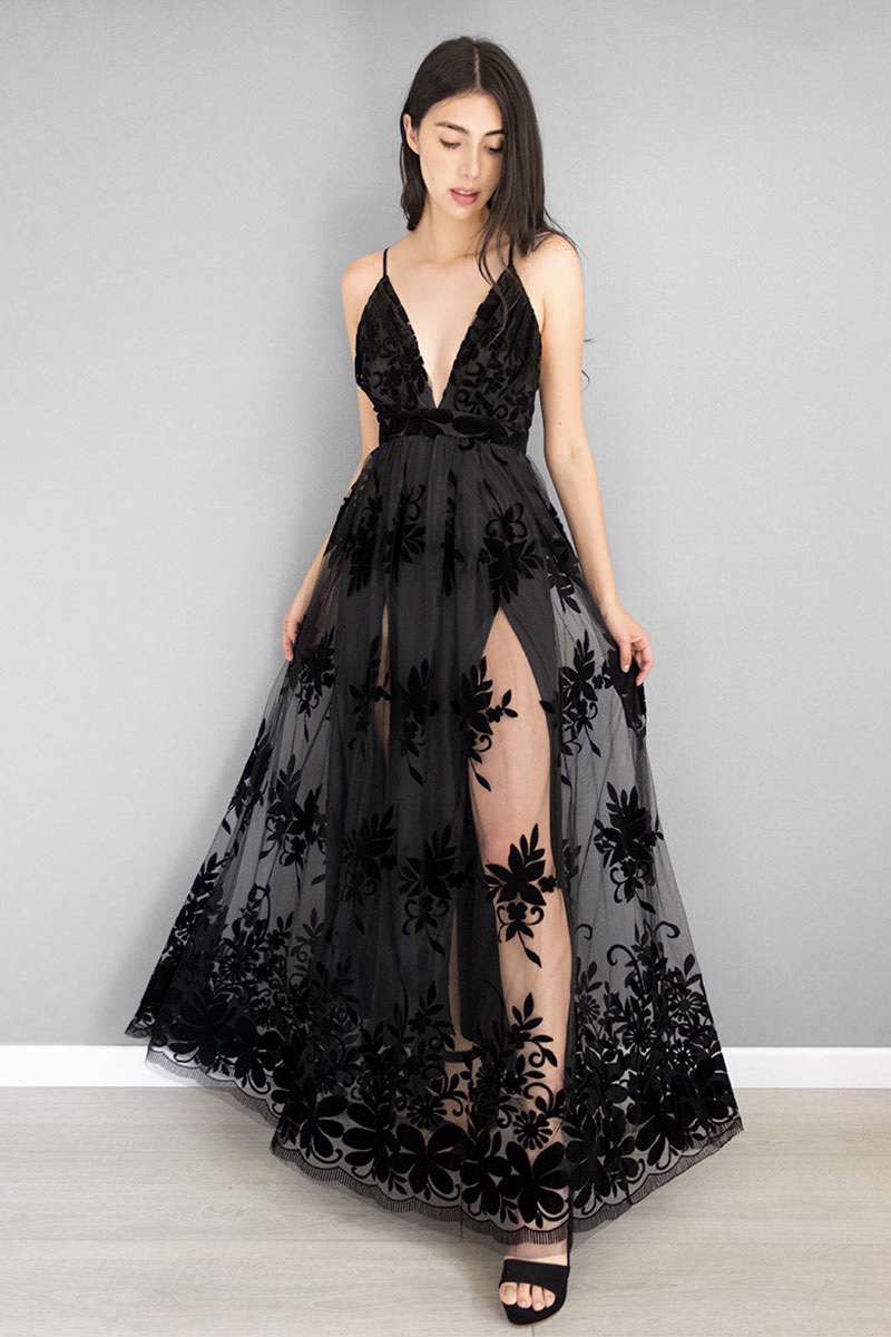 Vestido Escote Negro Flores Velvet – Petunia