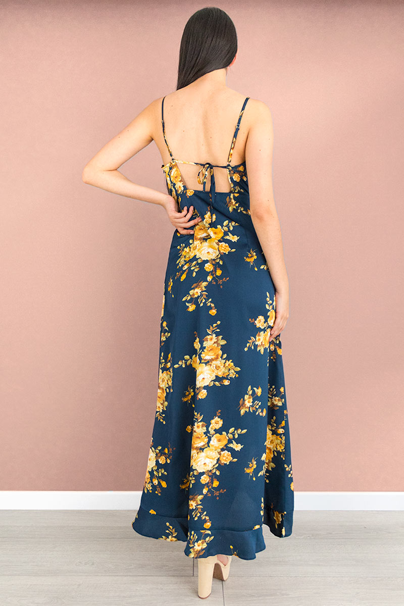 Vestido azul sales con flores amarillas