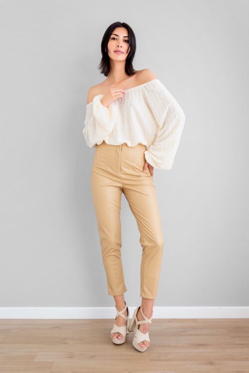 Pantalon Sintetico Tiro Alto Pinzas Khaki -50%