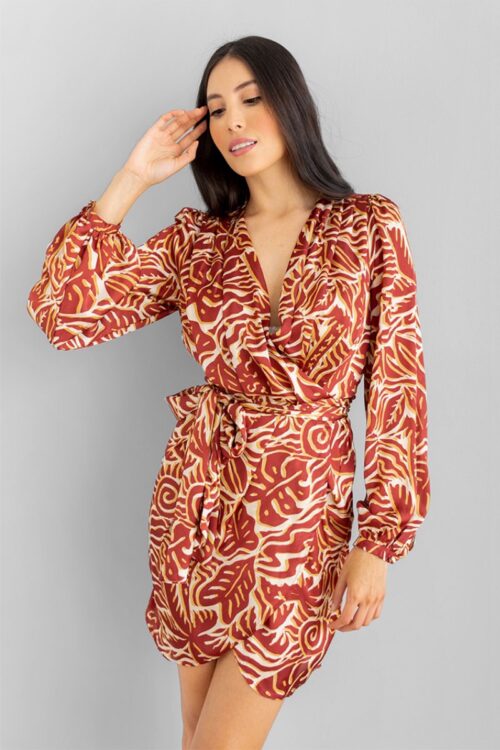 Vestido Corto Cruzado Manga Larga Print Terracota -50%