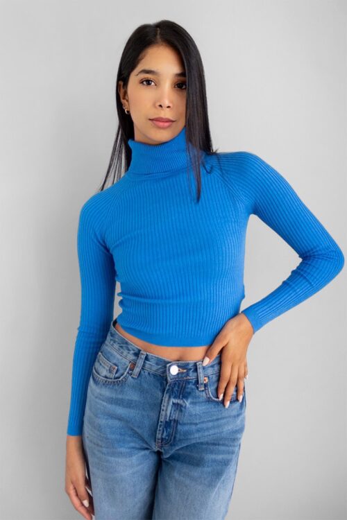 Sweater Ajustado Cuello Tortuga Azul -50%