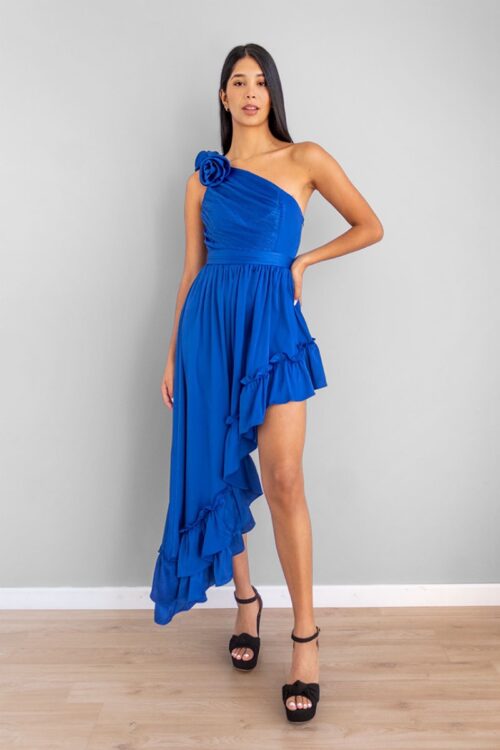 Vestido Asimetrico Rosas Azul -50%