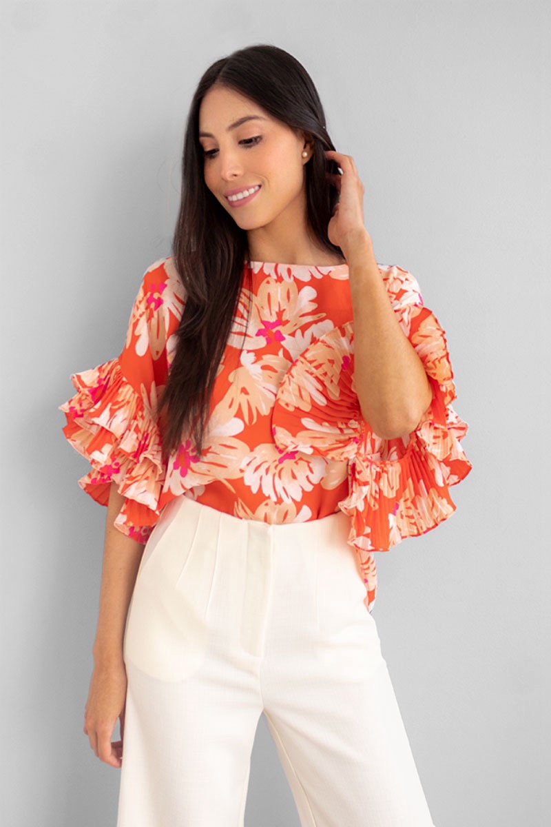 Blusa Oversize Manga Plisada Print Naranja