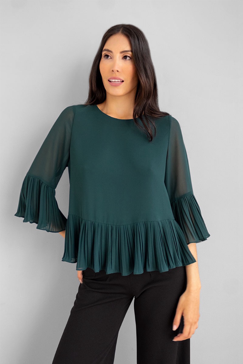 Blusa En Velo Plisada Manga 3 4 Verde