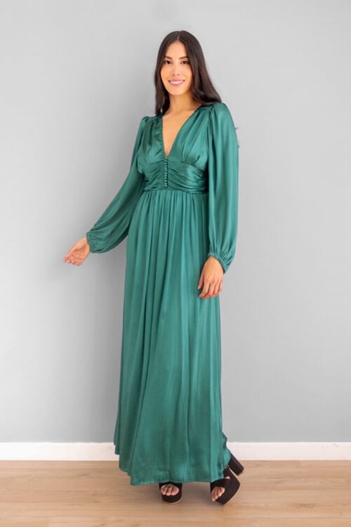 Vestido Manga Larga Botones Centro Verde -50%