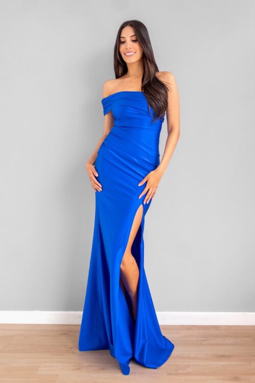 Vestido Asimetrico Escote Bandeja Azul Electrico