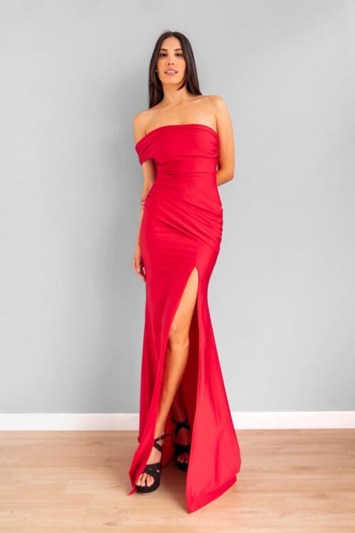 Vestido Asimetrico Escote Bandeja Rojo