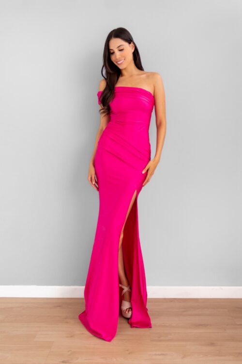 Vestido Asimetrico Escote Bandeja Fucsia