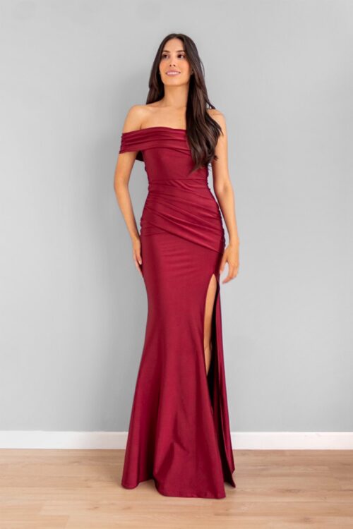 Vestido Asimetrico Escote Bandeja Vinotinto