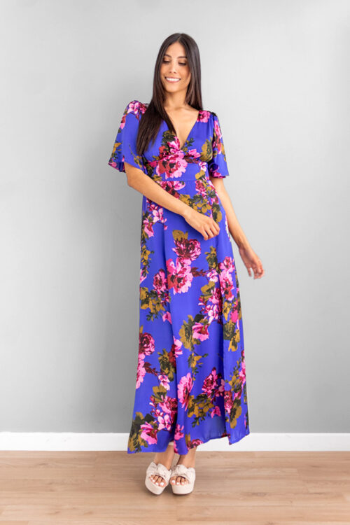 Vestido Azul Mangas Amplias Print Flores -50%