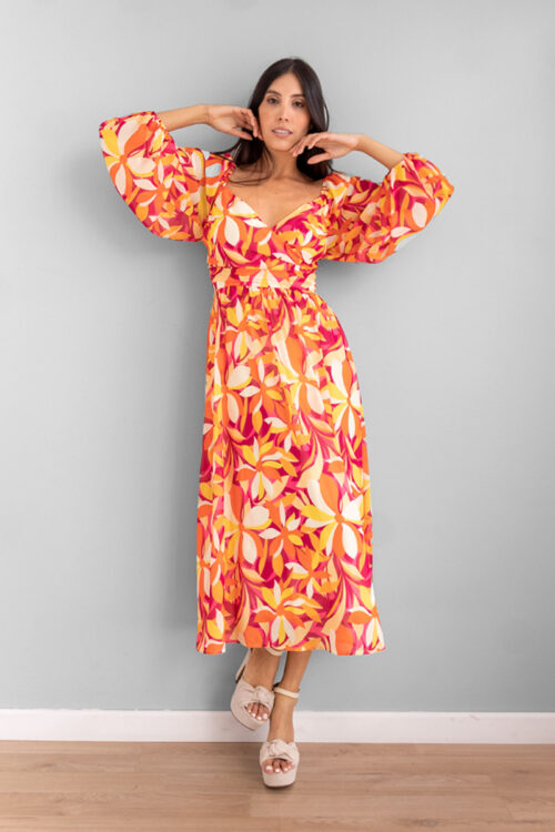 Vestido Manga Larga Print Naranja -50%