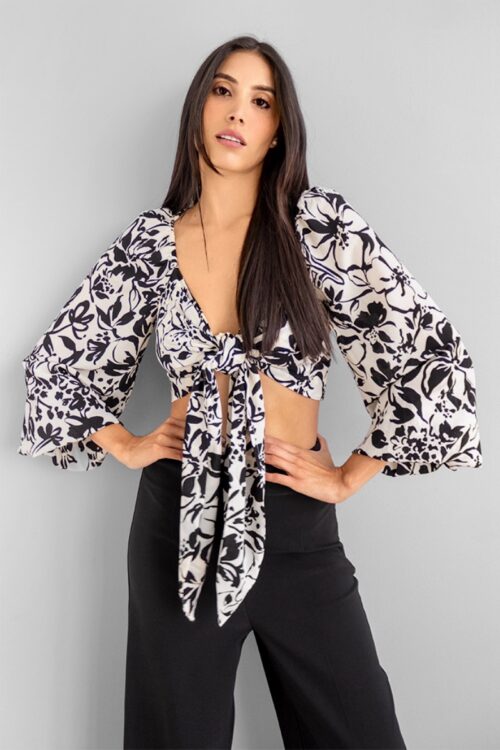 Top Manga Larga Print Blanco Con Negro -50%