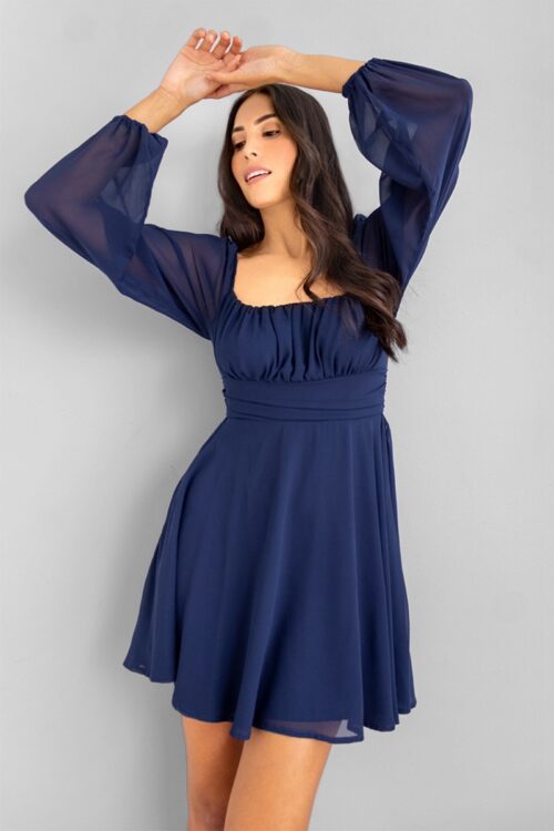 Vestido Corto Manga Larga Lazo Espalda Azul