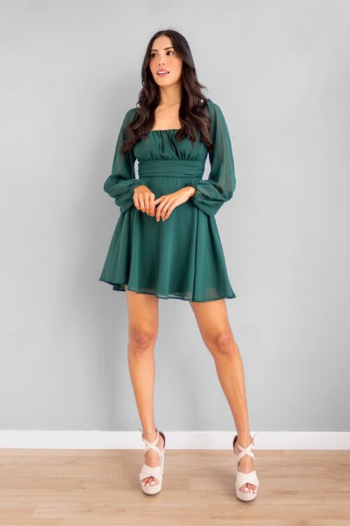 Vestido Corto Manga Larga Lazo Espalda Verde
