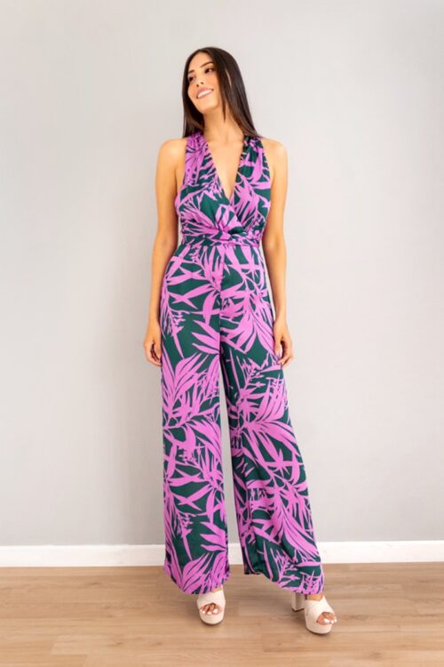 Enterizo Escote Halter Print Verde Con Rosa -50%