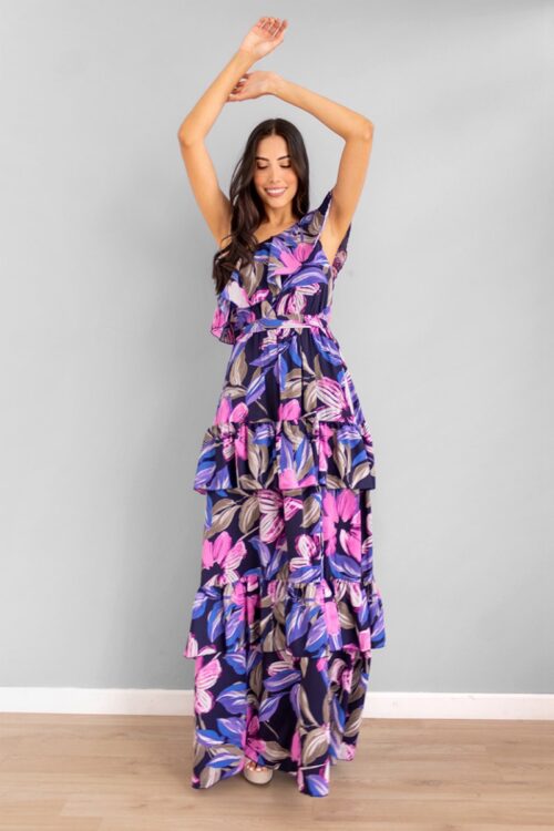 Vestido Asimetrico en Velo Estampado Fondo Azul -50%
