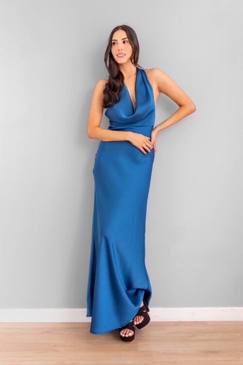 Vestido Escote Caido en Satin Azul
