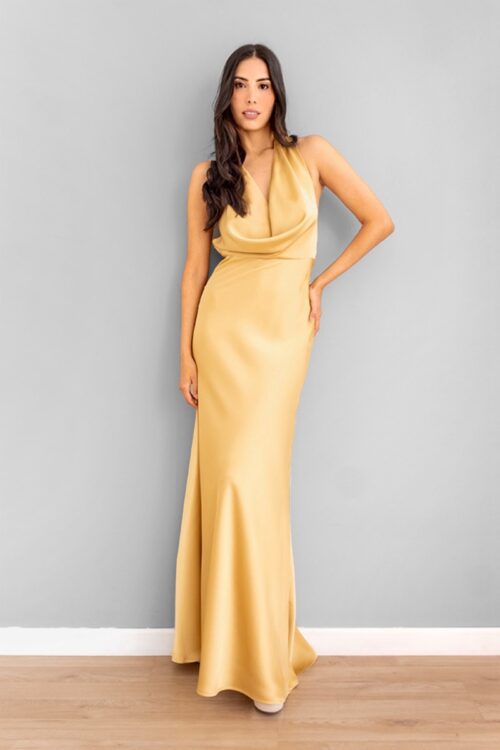 Vestido Escote Caido En Satin Dorado