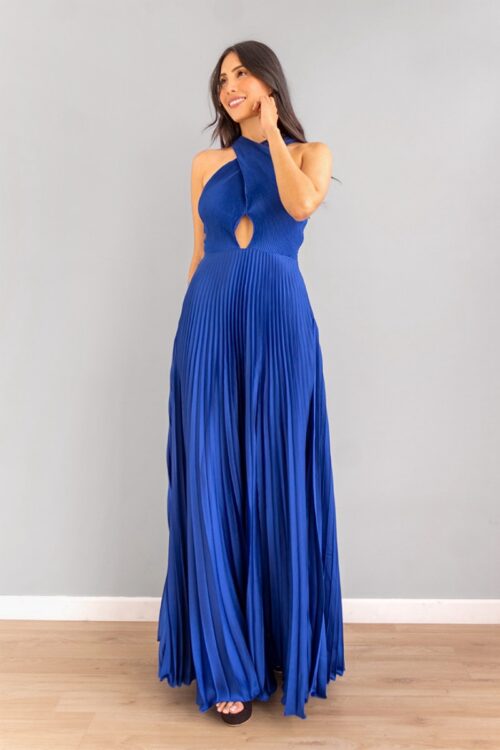 Vestido Halter Cruzado Falda Plisada Azul