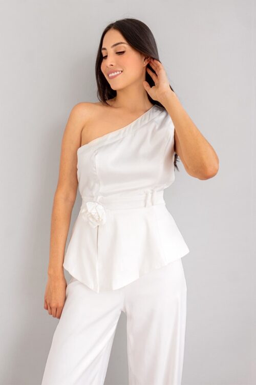 Blusa Peplum Asimetrica Con Rosa Blanco -50%