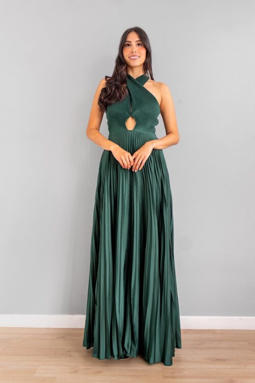 Vestido Halter Cruzado Falda Plisada Verde -50%