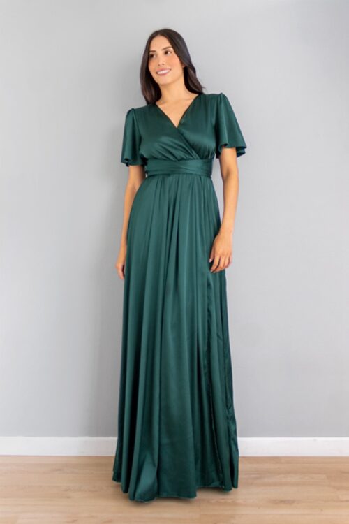 Vestido Manga Corta En Satin Verde -50%