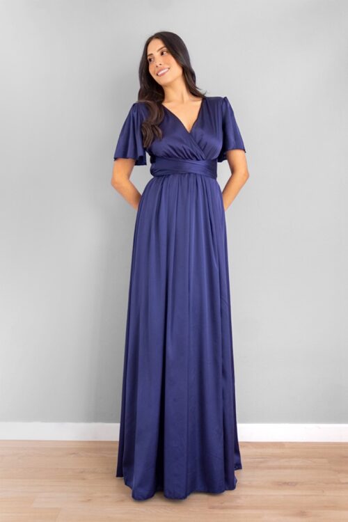 Vestido Manga Corta En Satin Azul Noche -50%