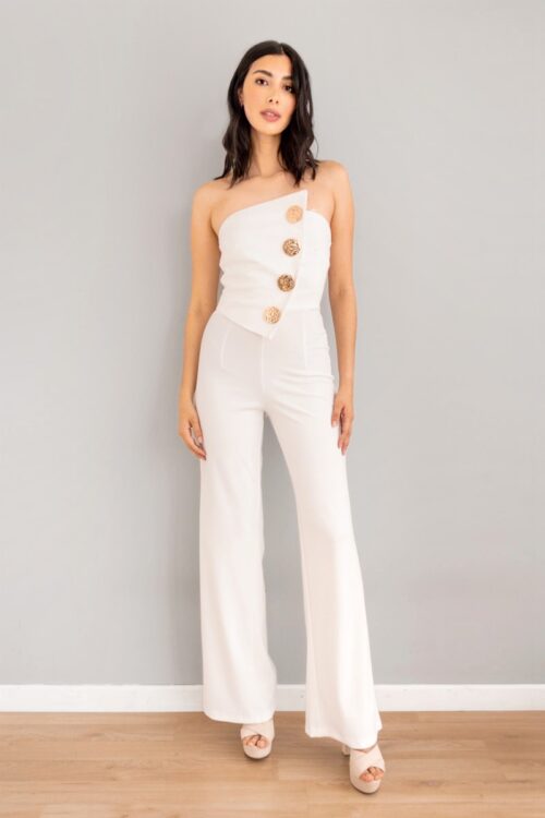 Enterizo Blanco Strapless Boton Dorado