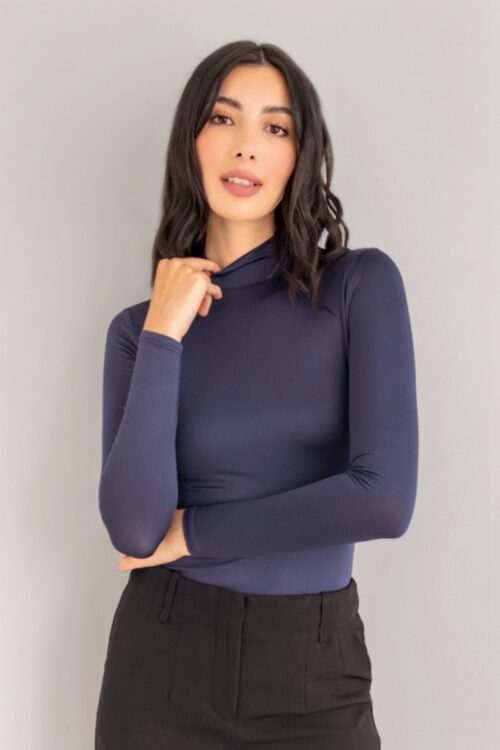 Blusa Manga Larga Cuello Alto Azul