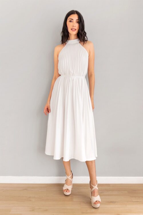 Vestido Escote Halter Plisado Lazo Blanco