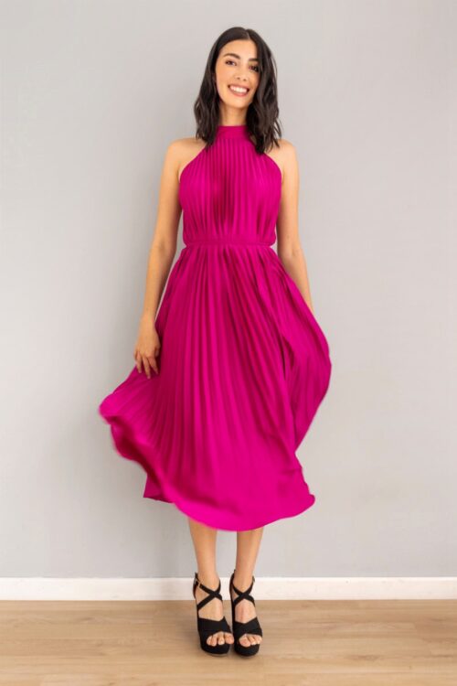 Vestido Escote Halter Plisado Lazo Magenta