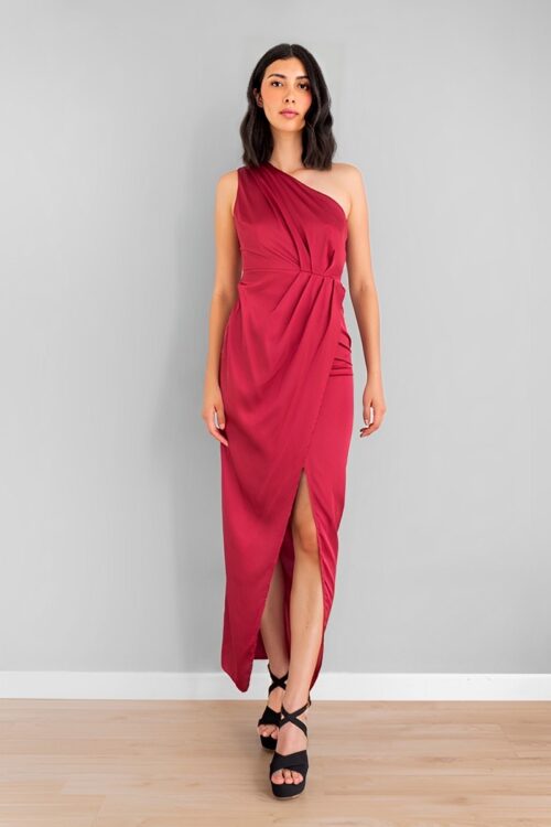 Vestido Escote Asimetrico Satin Rojo