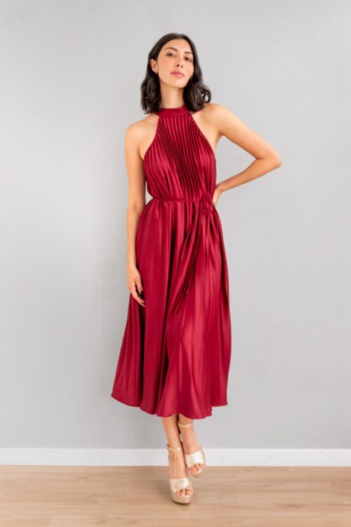 Vestido Escote Halter Plisado Lazo Vinotinto