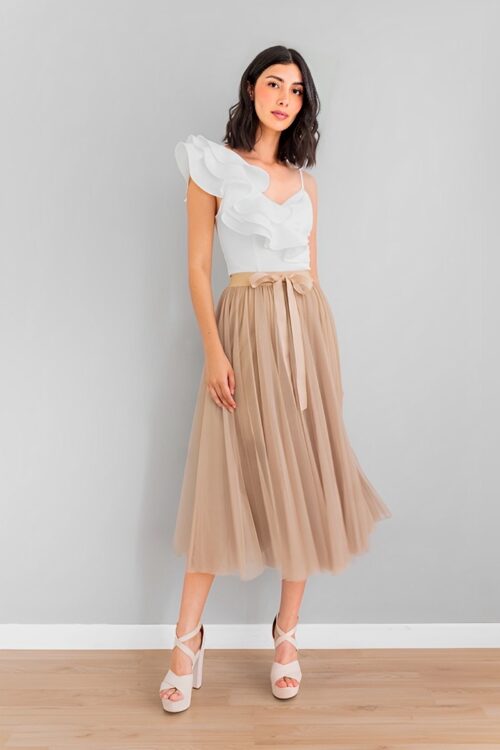 Falda Midi En Tul Beige
