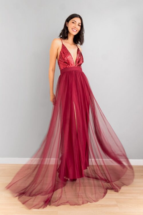 Vestido Aberturas Tul Top Lentejuelas Vinotinto