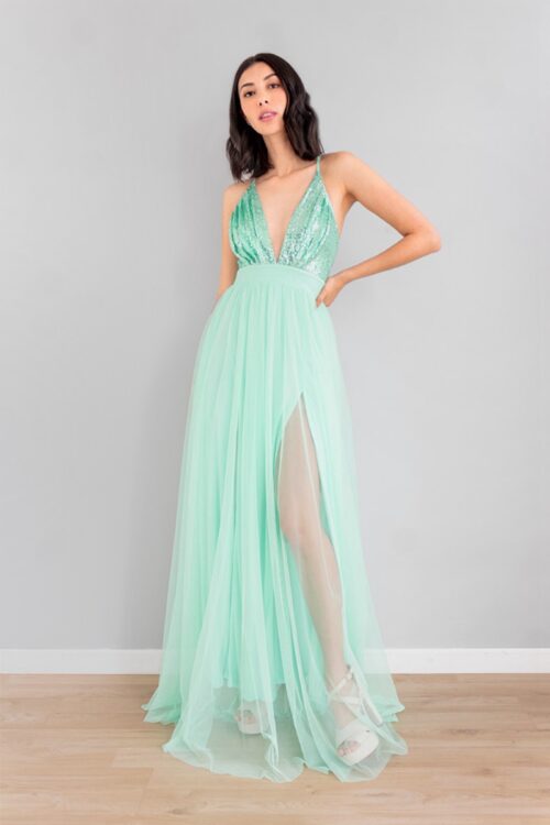 Vestido Aberturas Tul Top Lentejuelas Menta -50%