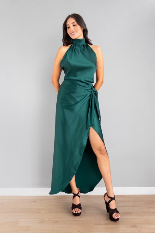 Vestido Halter Falda Lazo Verde