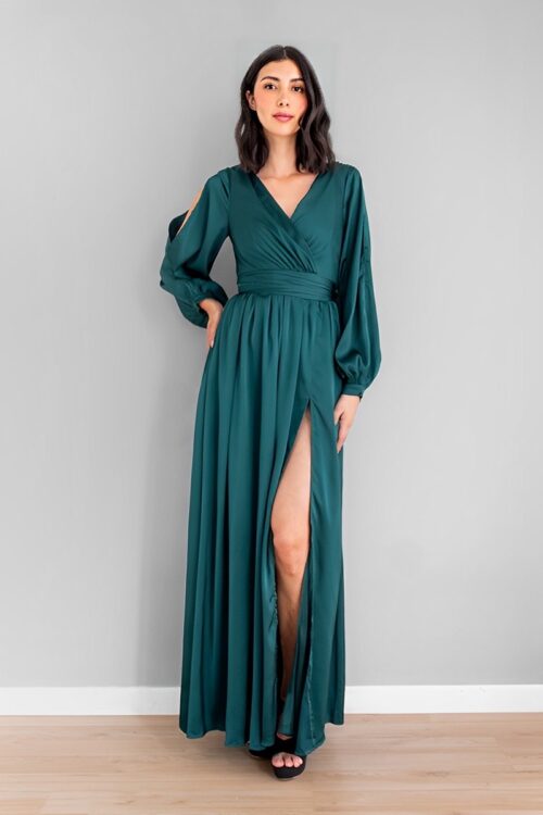 Vestido en Satin Mangas Abiertas Verde