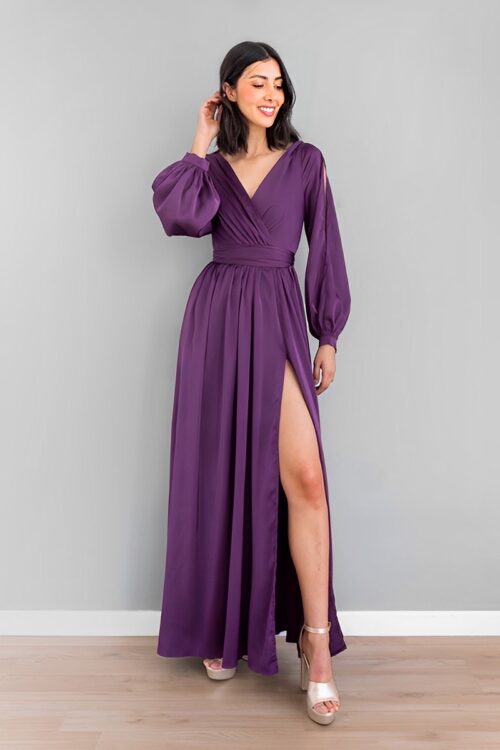 Vestido en Satin Mangas Abiertas Morado