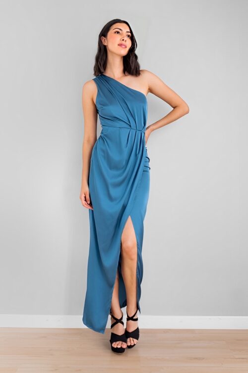 Vestido Escote Asimetrico Satin Azul