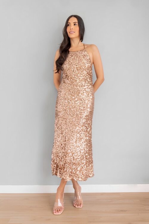 Vestido Escote Halter Lentejuelas Dorado -50%