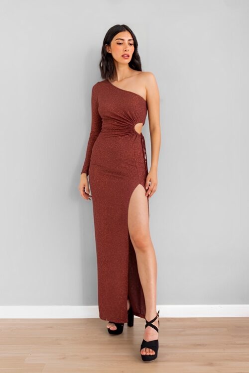 Vestido una Manga Escarchado Café -50%