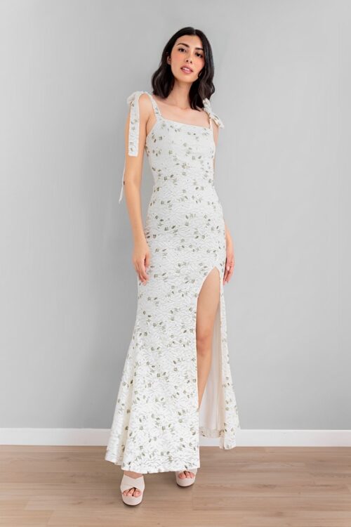 Vestido Textura Blanco Con Flores Mini Verdes