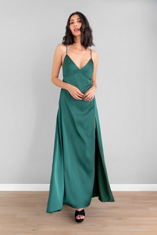 Vestido Satin Escote V Espalda Abierta Verde