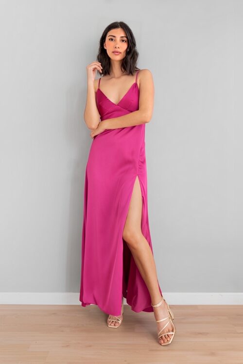 Vestido Satin Escote V Espalda Abierta Magenta