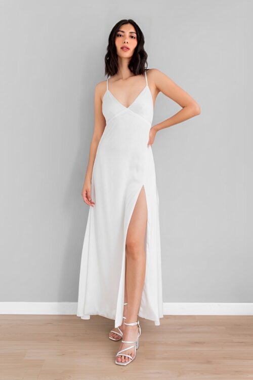 Vestido Satin Escote V Espalda Abierta Blanco