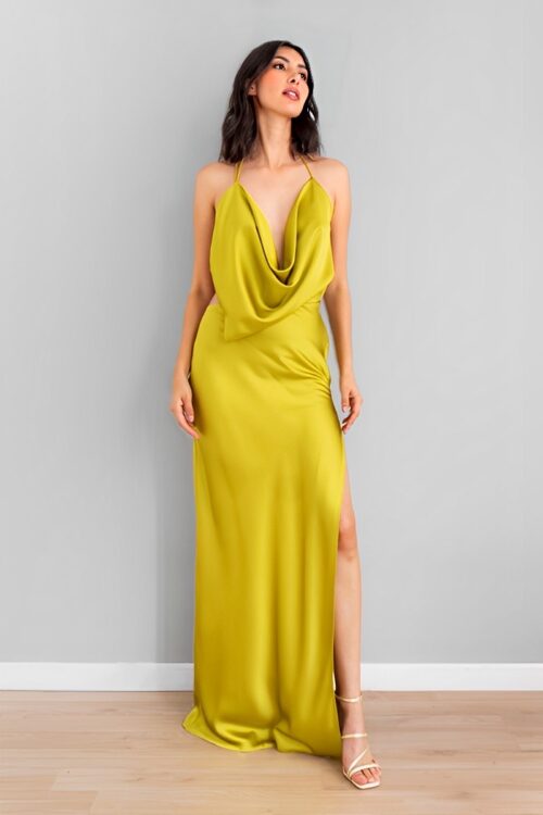 Vestido En Satin Blusa Escote Drapeado Pistacho