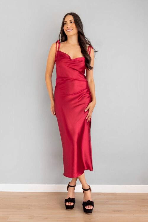 Vestido Midi Tiras Ajustables Vinotinto