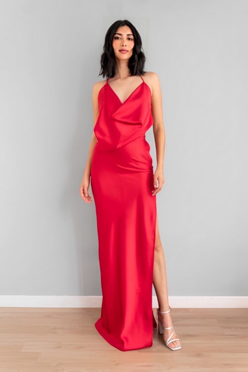 Vestido En Satin Blusa Escote Drapeado Rojo