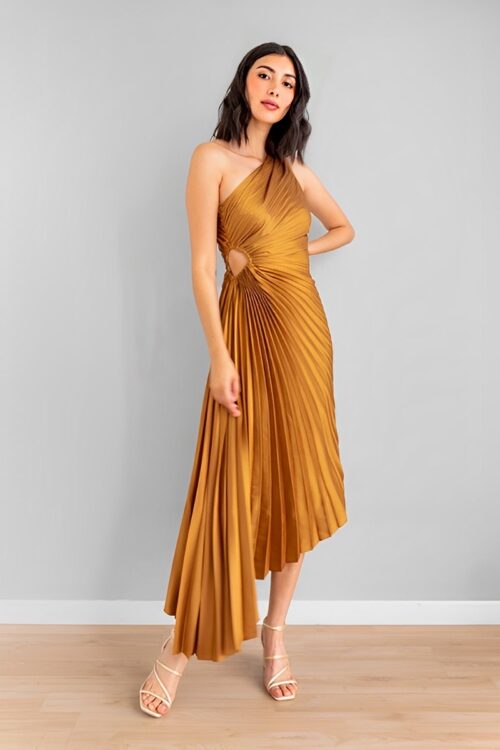 Vestido Plisado Recogido Lateral Ocre